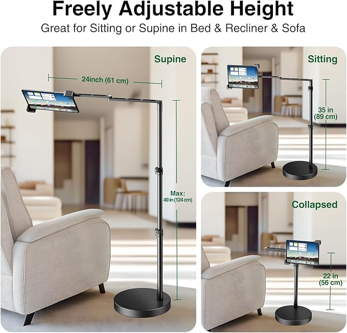 elitehood Diagonal Design iPad Floor Stand with Heavy Duty Base, 24in Horizontal Long Arm Tablet Floor Stand Holder for Bed Recliner Sofa, Compatible with iPad mini Air Pro 13/12.9 and 9-14in Devices