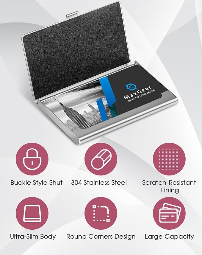 MaxGear Metal Business Card Holder for Men & Women, Stainless Steel Business Card Case Holds 10–20 Cards, Slim Pocket Name Cards Holder with Interior Lining & Buckle Closure, Pink