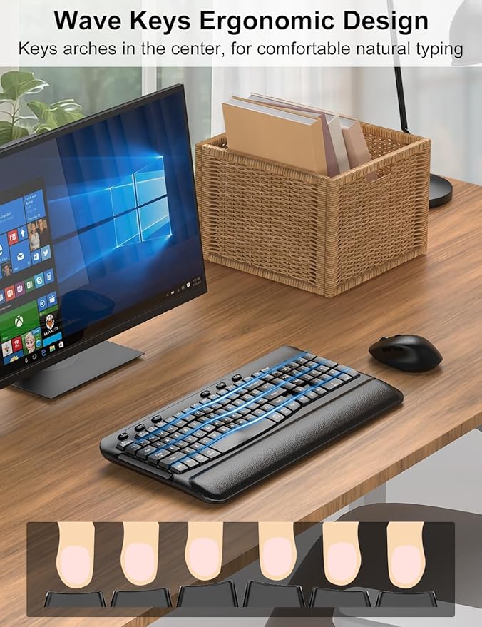 Ergonomic Wireless Keyboard and Mouse Combo, Wave Keys, Full Size Silent Keyboard with Soft Palm Rest, 3 Level DPI, 2.4G Cordless Computer Keyboard Mouse for PC, Laptop, Desktop, Windows & Mac OS