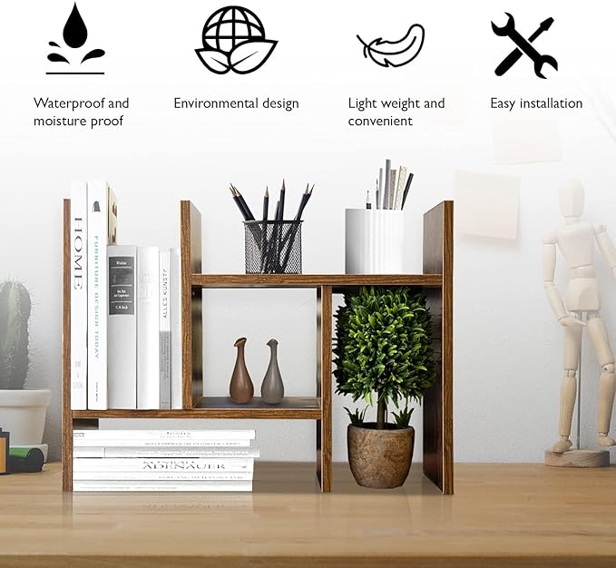 BROWN-BROWN Adjustable Wood Desk Shelf Organizer Office Home Multipurpose Desktop Shelf, Display Shelf Rack Top Mini Bookcase, Free Style Display Desktop Organization