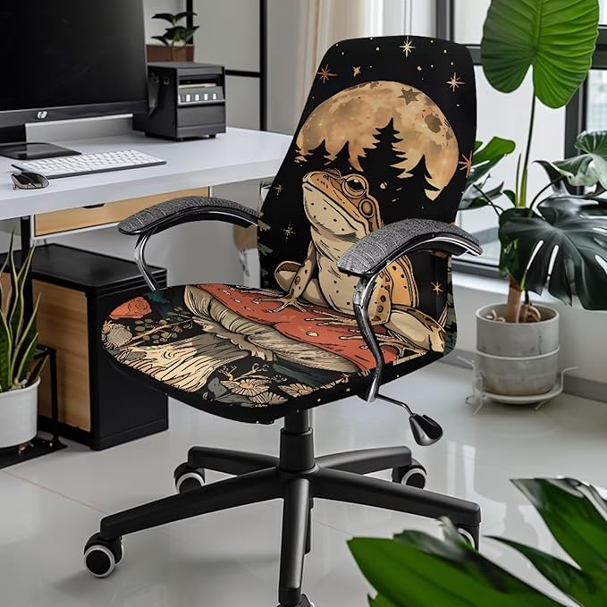 Talayituse Frog Mushroom Moon Star Print Office Chair Cover, Universal Removable Desk Chair Cover Washable Anti-Dust Stretch Computer Chair Slipcovers, S