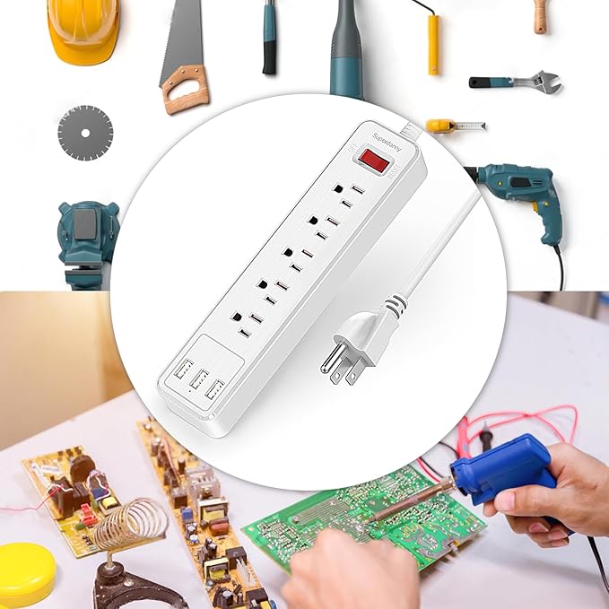 Power Strip, SUPERDANNY Surge Protector, 5 Outlets, 3 USB Ports, 4.5 Ft Extension Cord, 900 Joules, Mountable, Overload Switch, Protected Indicator Light, Multiple Protections for Home Office, White