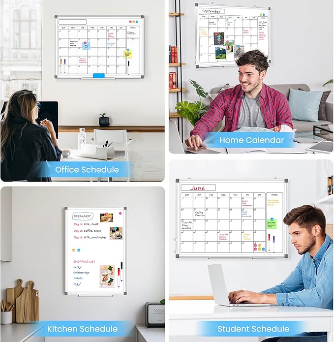 Monthly Calendar Dry Erase Whiteboard for Wall, 24" x 18" Magnetic Calendar White Board, Double-Sided Portable Board for Office, Kitchen, School, Home