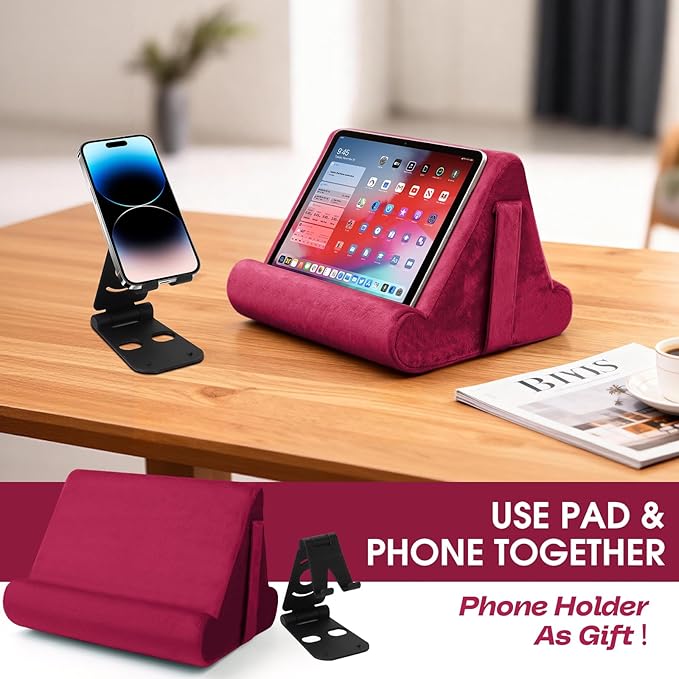 Multi-Angle Tablet Stand with Soft Pad and Net Pocket - Universal Phone and Pad Holder for Lap, Knee, Sofa and Bed (Wine Red)