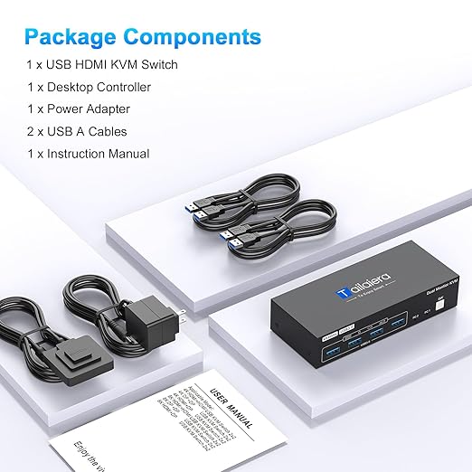HDMI Kvm Switch 2 Monitors 2 Computers 4K@60Hz Dual Monitor KVM Switches 2 Ports for 2 PC Sharing 4 USB3.0 Port Mouse Keyboard and 2 Screens with USB 3.0 Cables and Extended Controller