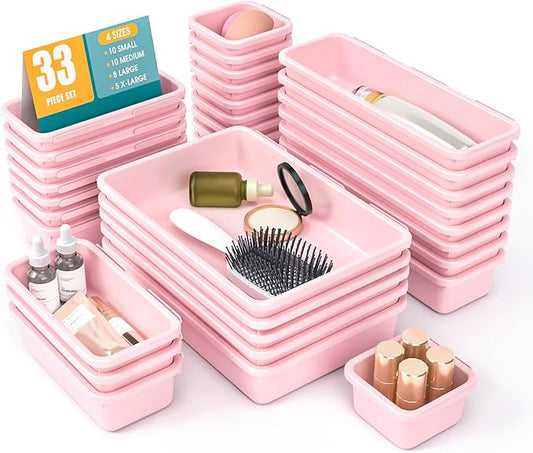 33 PCS Drawer Organizer Set, 4 Size Makeup Drawer Divider Organizer With Non-Slip Pads, Interlocking Plastic Storage Bins for Office,Jewelry Vanity,Gadgets, Bathroom,Kitchen, Pink