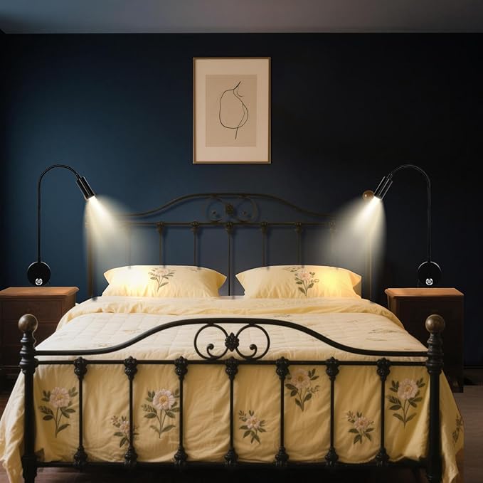 Reading Light for Bed, Wall Mounted Reading Lights with 15" Flexible Gooseneck, Touch Control, 3 Colors Temperature and Stepless Dimmable, Plug in Headboard Book Light(2 Pack)