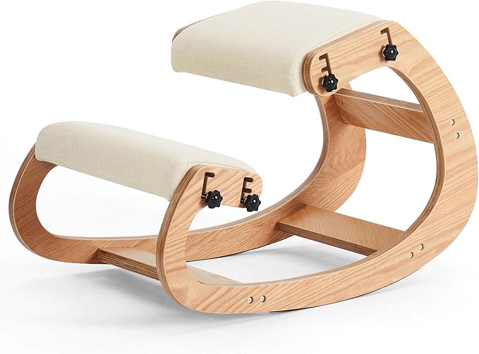 Ergonomic Kneeling Chair, Adjustable Rocking Knee Chairs for Home Office, Wooden Office Knee Chair for Back Pain Relief, Beige