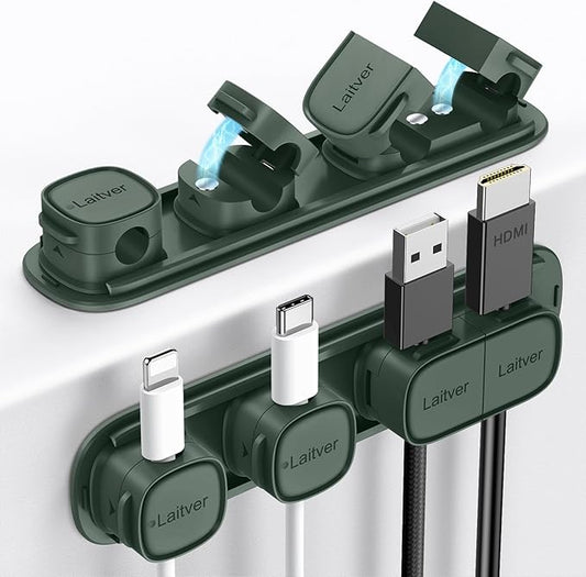 6 Pack Magnetic Cable Clips [1s Open/Lock], Laitver Cord Organizer Holder Strong Adhesive Desk Cable Management- Organize Charging Cords Neatly for Home, Office, Car,Desk, Nightstand-Dark Green