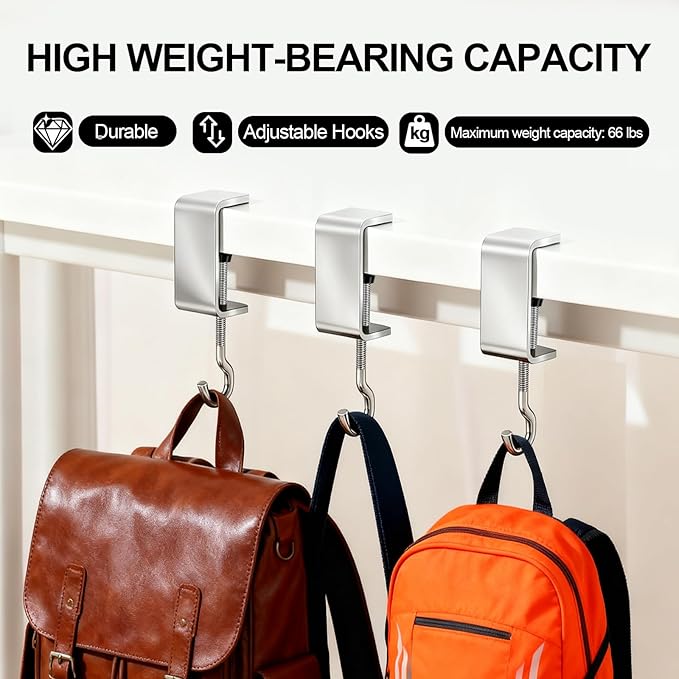 4 PCS Desk Hook Table Clamp Hooks Hanging Bag Backpack, Heavy Duty Metal Shelf Hooks, Adjustable Desktop Mounting Hook (4 pcs)