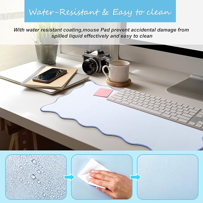 Hahafelt Scalloped Desk Mat Large Scalloped Piping Cute Desk Mat Aesthetic Preppy Table Pad Large Nonslip Pad with Edge Stitching Waterproof Gaming(Blue,23.6 x 13.8 Inches)