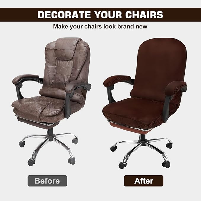 NeColorLife Velvet Office Chair Cover with Armrest Covers - Stretchable High Back Desk Computer Chair Slipcover for Large Rotating Boss Chairs (Large,Brown)