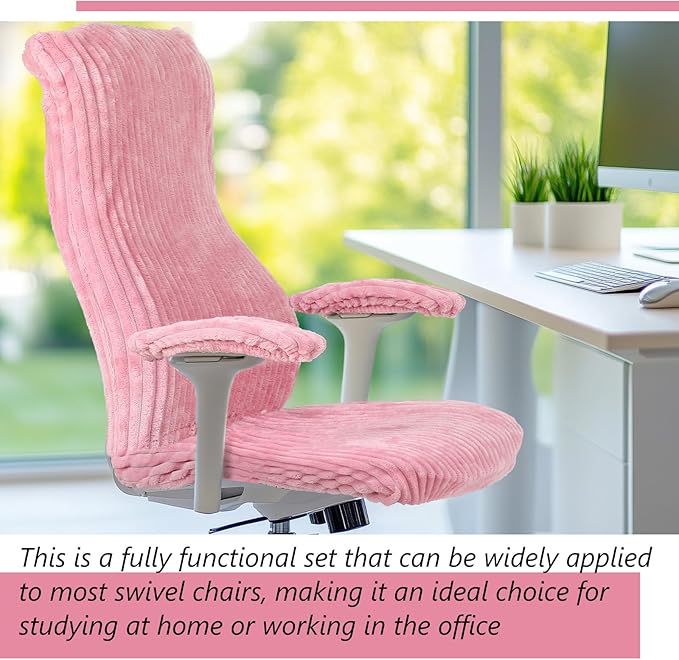 Tegeme Set of 4 Faux Fur Office Chair Covers Set with Armrest Covers, Computer Universal Stretchable Chair Seat Protector Washable Jacquard Computer Seat Slipcovers for Home Office(Pink)