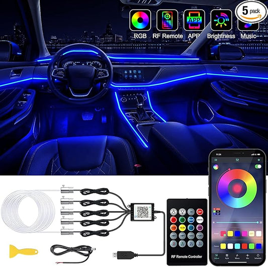 Jushope Interior Car LED Strip Lights with Wireless APP and Remote Control, RGB 5 in 1 Ambient Lighting Kits with 236 inches Fiber Optic, 16 Million Colors Car Neon Lights, Sync to Music