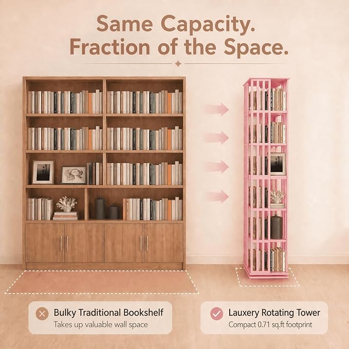Lauxery Rotating Bookshelf Tower– 6 Tier 360° Spinning Bookshelf | Space-Saving Floor Standing Bamboo Revolving Bookcase for Small Space, Home Offices & Reading Corners |Pink