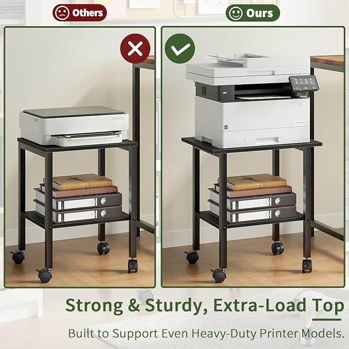 ALISENED Printer Stand with Lockable Wheels, 2-Tier Industrial Printer Shelf with Storage Shelf & Steel Frame for Space-Saving, Heavy Duty Under Desk Printer Table for Home and Office, Black