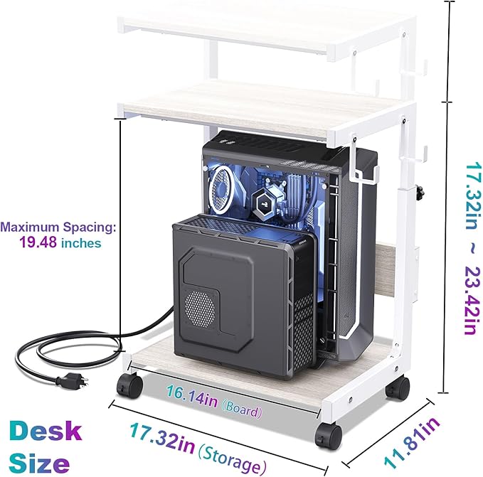 Computer Tower Stand with Charge Station and USB Charging Port - Height Adjustable PC Tower Stand, Under Desk CPU Holder Cart with Locking Caster Wheels for Fits Most PC