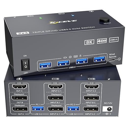 8K KVM Switch 3 Monitors 2 Computers 8K@60Hz 4K@144Hz,3 Monitors KVM Switch for 2 Computers Sharing Triple Monitors,Keyboard,Mouse,Printer with 2*USB3.0 Cables,Power Adapter and Controller