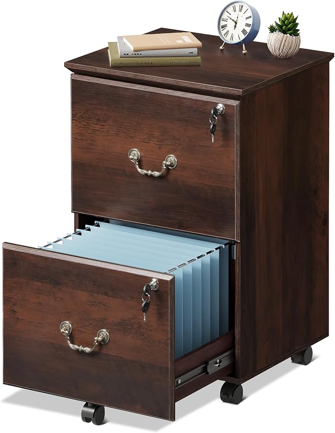 DEVAISE File Cabinet 2-Drawer, Small Office Furniture with Lock, Rolling Under Desk Filing Cabinet for Home Office, Brown Oak