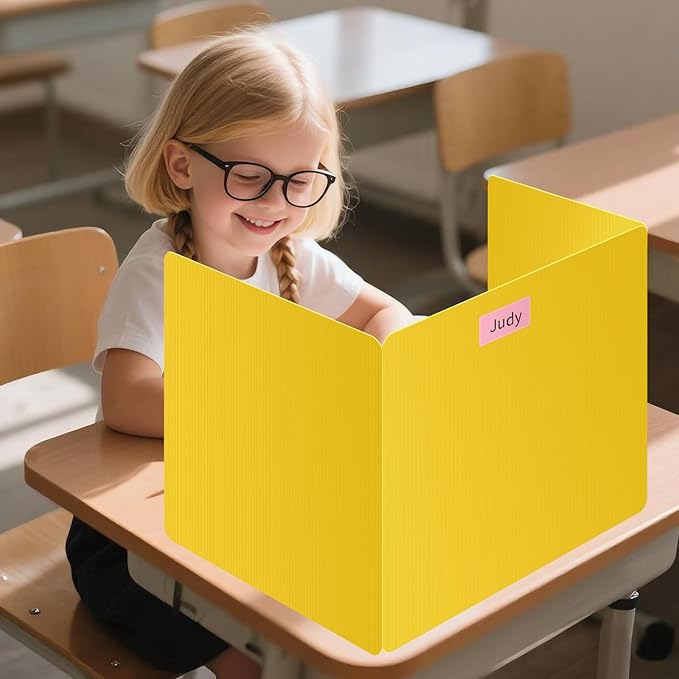 2 Pack Yellow Desk Dividers for Students, Privacy Shields Folder for Students, Durable & Waterproof Plastic Study Board, Classroom Teacher Supplies Test Divider, Includes Extra Labels