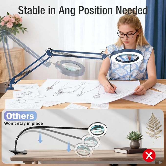 10X Magnifying Glass with Light and Clamp, Real Glass Stand Lighted Magnifier, 5 Color Modes Stepless Dimmable LED Desk Lamp Hands Free for Crafts Hobby Reading Painting Sewing Close Work Large Blue
