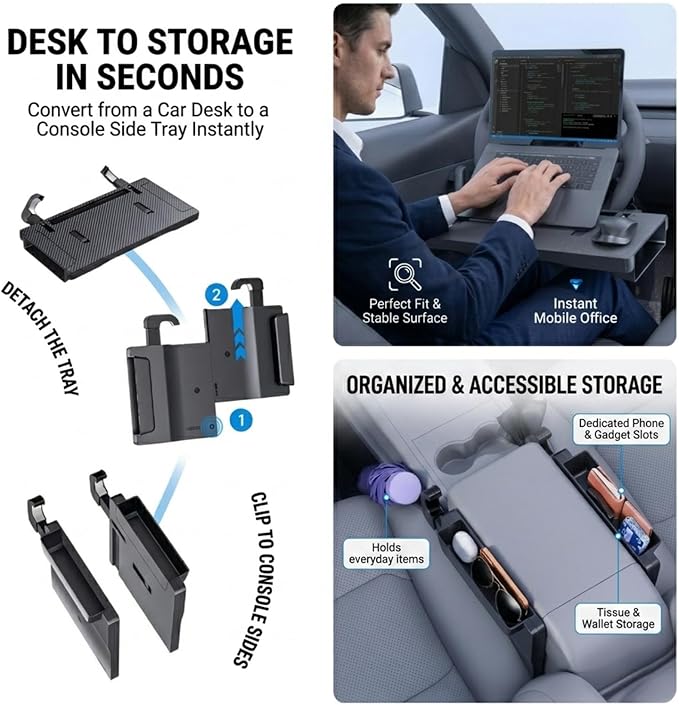 2 in 1 Car Steering Wheel Desk & Seat Gap Organizer, 360° Rotating Clamp & Extendable Arm, Universal Fit for Most Cars, Steering Wheel Tray Table,Car Desk for Laptop,Car Seat Gap Filler Organizer