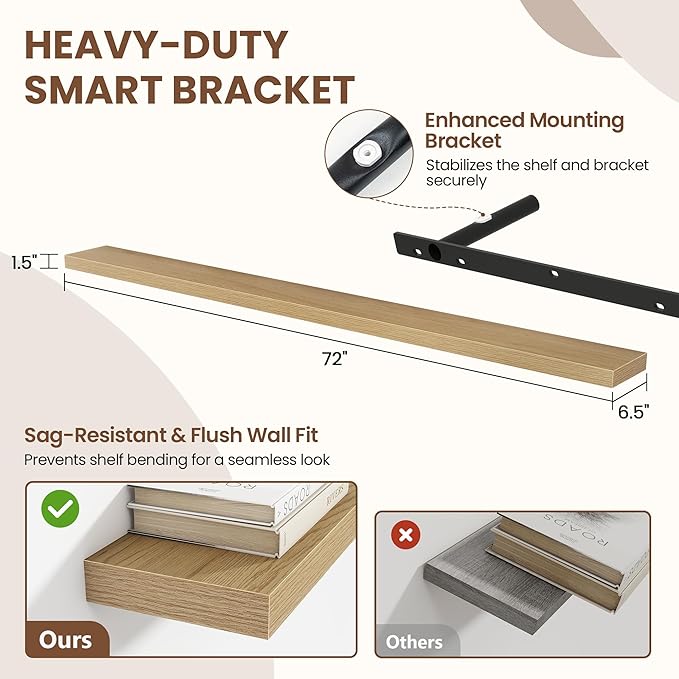 Acovy 72 Inch Floating Shelves for Wall 1 Pack, 72" Wall Shelves for Books, Storage, Decor, Wall Mounted Floating Shelf with Invisible Brackets for Kitchen, Living Room, Oak