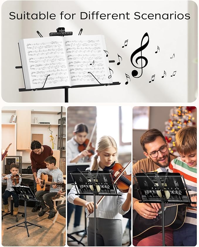 Music Stand, Kasonic 2 in 1 Dual-Use Folding Sheet Music Stand & Desktop Book Stand, Portable and Lightweight with Music Sheet Clip Holder & Carrying Bag Suitable for Instrumental Performance (2 Pack Black)