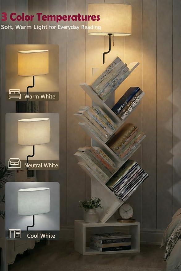 XBurmo 6 Tier Tree Bookshelf with Lights - Small Bookshelf Decor, Corner Bookshelf with Lamps, Living Room Storage, Tall Narrow DVD & CD Shelf, Comic Bookcases Standing for Bedroom or Office, White