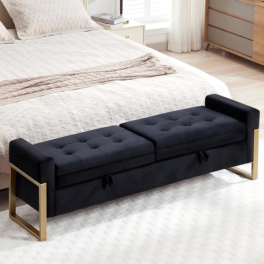 67" End of Bed Storage Bench for Bedroom King Size, Double Lids Storage Ottoman Bench with Golden Legs, Velvet Bed Bench for Living Room Window Entryway, Black