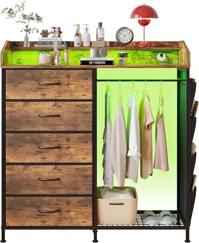 LUMTOK 2-in-1 Dresser with Hanging Racks,5 Fabric Drawers Dressers with LED Lights, Charging Station for Bedroom Living Room, Entryway, Closets (Rustic Brown)