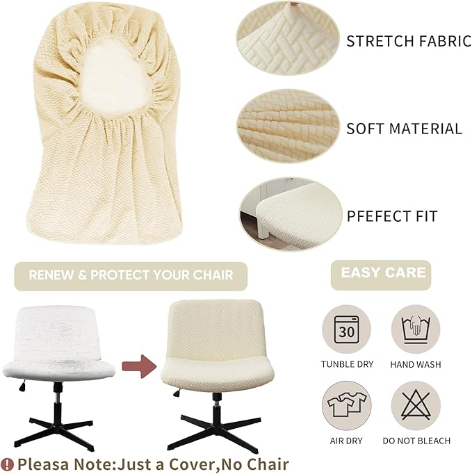 LavishCover Armless Chair Cover Office Desk Chair Cover, Waterproof and Elastic Criss Cross Chair Cover, Exquisite Vanity Chair Covers, Mid Back Wide Seat Accent Chair Covers(Cream,T-Type)