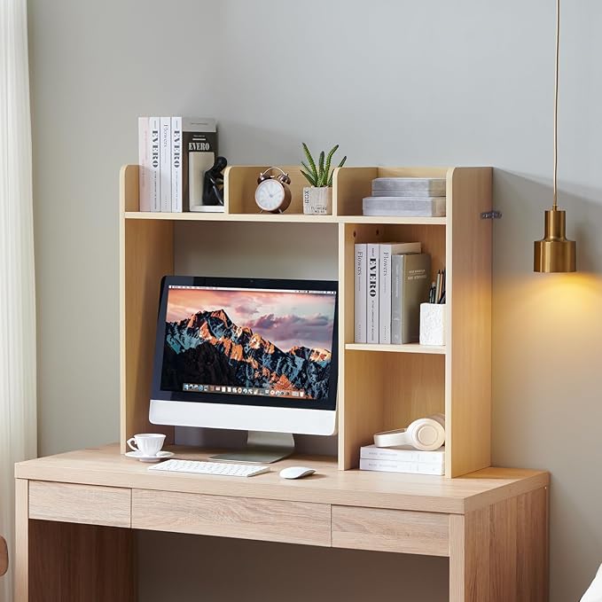 Nromant Desktop Bookshelf, Wooden Desk Storage Hutch with 5 Shelves, 3-Tier Desktop Display Organizer Rack for Office Home (Natural, 5 Shelves A)