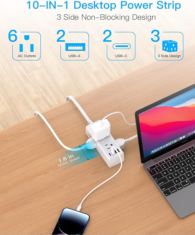 5Ft Extension Cord with Multiple Outlets, Flat Plug Power Strip Surge Protector with 5 Ft Long Cord, 6 Outlet 3 USB Ports (1 USB C), Multi Outlet Wall Plug for Travel, College, Dorm Room Essentials