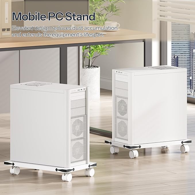 HOOBRO Mobile PC Stand, Ventilated Computer Tower Stand, PC Tower Holder with 4 Caster Wheels, CPU Holder Under Desk Fits Most Computer, for Office, Gamers, White WT46CJ01