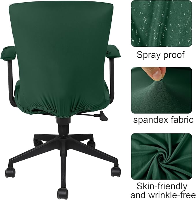 Tallew 4 Pcs Office Chair Covers Set Computer Universal Protective Stretchable Chair Seat Covers Desk Armrest Cover Pads Office Cushion Backrest for Rotating(Regular,Dark Green)
