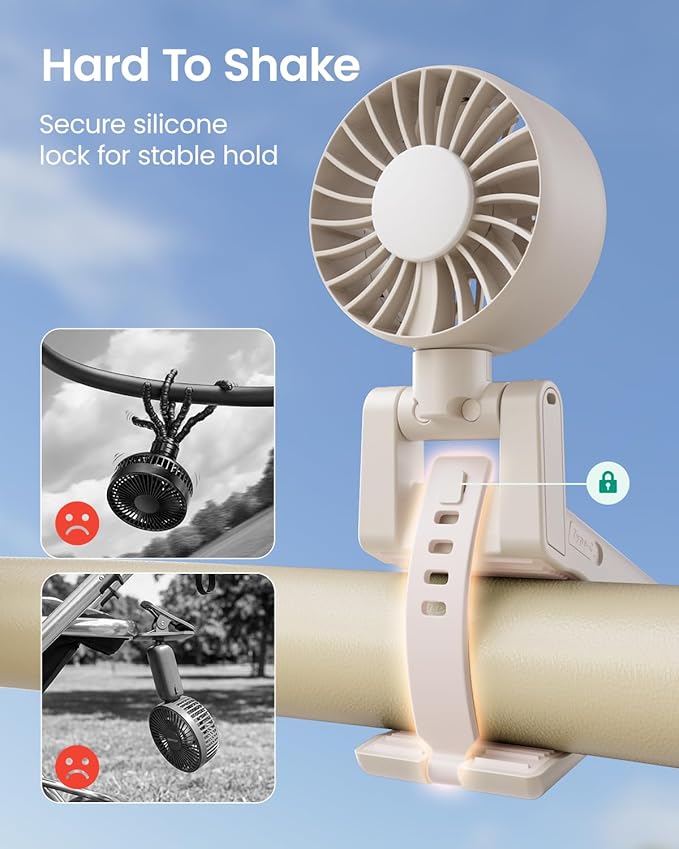 GROWNSY Portable Stroller Fan with Clip | Foldable Mini Fan for Carrier | Small Handheld Fan with Soft Night Light | Rechargeable 4-Speed Personal Fan for Travel/Desk/Bed/Backpack/Car Seat (Beige)