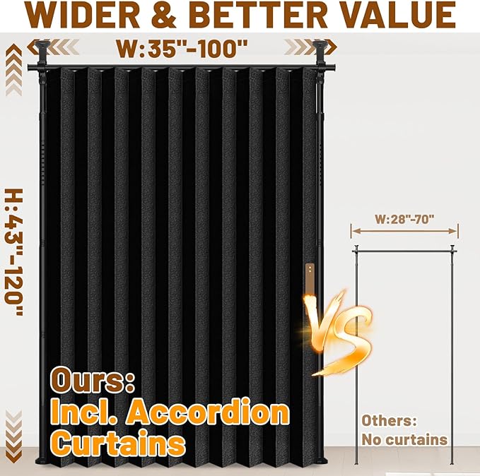 AJAZZ Room Divider Curtain (Black, W100 x L84 in, 1 Panel)+ Tension Curtain Rod No Drilling (H) 43-120×(W) 35-100 in, for Privacy/Soundproof Curtains, Heavy Duty Wall Separator
