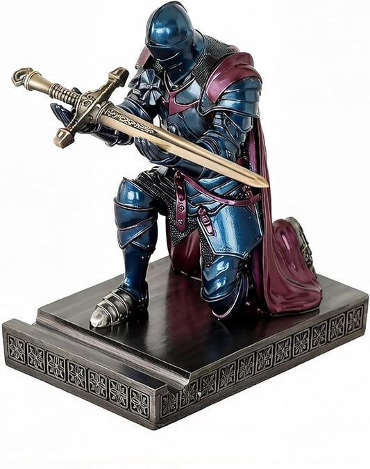 Medieval Armored Warrior Wearing Outerwear, Mobile Phone Stand Knight Pen Holder Desk Organizers, Resin Bookends Paperweight with a Letter Opener for Desk (Blue&Purple)