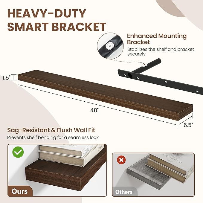 Acovy 48 Inch Floating Shelves for Wall 2 Pack, 48" Wall Shelves for Books, Storage, Decor, Wall Mounted Floating Shelf with Invisible Brackets for Kitchen, Living Room, Walnut