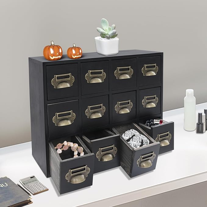 12 Drawer Drawers Storage Cabinet, Wooden Medicine Cabinet Desktop Drawer Organizer Herb Storage Box with Solid Wood Build & No Assembly for organize spices medicines jewelry cosmetics(Black)