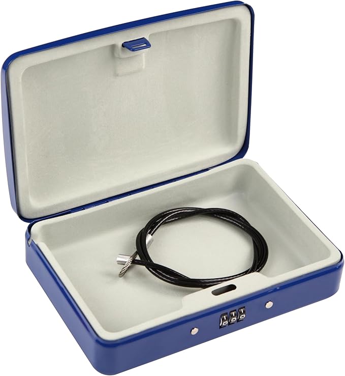 SEPOX® Water/Fire-Resistant Portable Security Case Lock Box Steel, Small Personal Travel Safe Storage Cabinet, 3-Ft Cable, Ressetable Combination Lock for Dorm, Car, Sports, Office, Blue