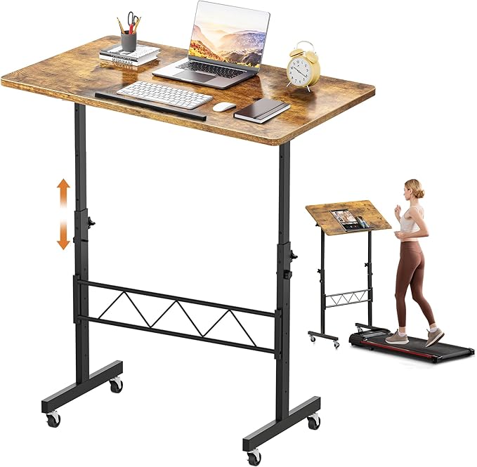 COMHOMA Standing Desk Adjustable Height & Tiltable Tabletop, Portable Stand Up Desk for Laptop, Mobile Folding Desk for Home Office Work and Walking Pad Treadmill, Height 30.7"-46.4", Brown