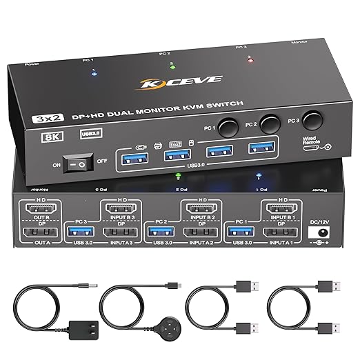 HDMI Dispalyport KVM Switch 2 Monitors 3 Computers 8K@60Hz/4K144Hz, USB3.0 Dual Monitor KVM Switches for 3 PC Share 4 USB 3.0 Ports and 2 Screens, with 3 USB Cables and Wired Remote