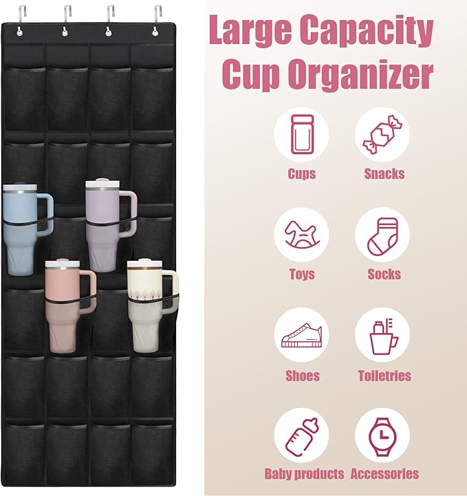 Stanley Cup Organizer - 24 Pocket Large Capacity Holder, Portable Foldable Hanging Bag for Cabinet, Wall, Door, RV - Kitchen Storage Accessories