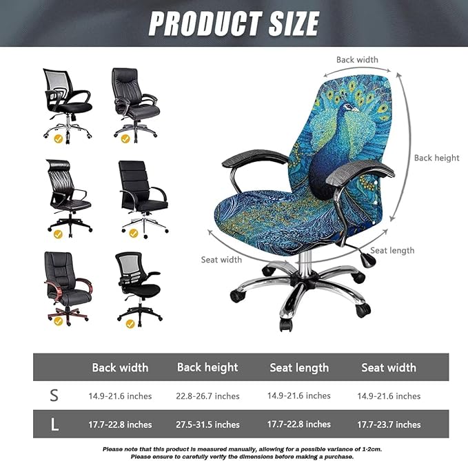 Talayituse Blue Peacock Print Office Chair Covers, Stretch Computer Chair Cover, Universal Boss Chair Covers Modern Simplism Style High Back Chair Slipcover, Small