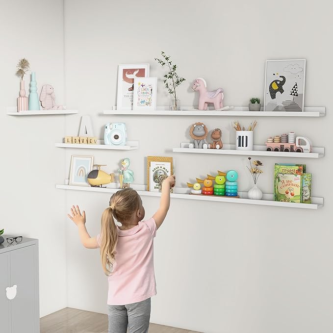 FLYJOE Picture Ledge Shelf, Floating Shelves Set of 2, 56 Inches Long Large Nursery Book Shelves for Toys Storage, Kids Bookshelf Wall Mounted for Living Room Bedroom Decor Books Photo Frames, White
