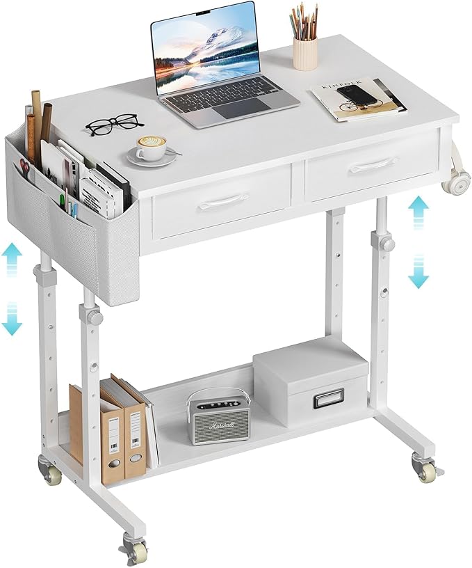 WINAZ Small White Portable Rolling Desk with Drawers & Storage Shelf, 32 Inch Mobile Standing Desk Adjustable Height with Wheels for Home Office, Kids Desks Couch Sofa Side Laptop Craft Table