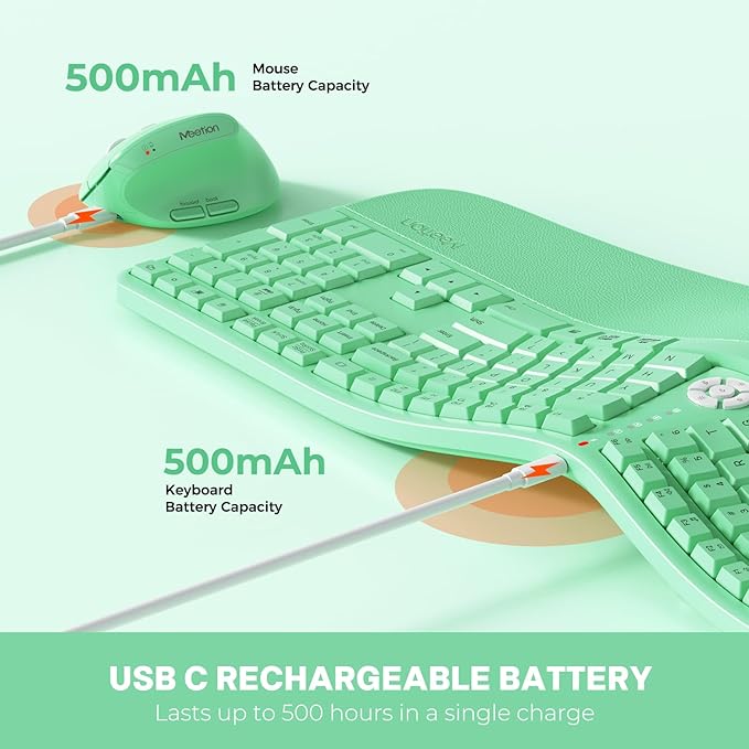 MEETION Ergonomic Keyboard and Mouse, Wireless Keyboard with Vertical Mouse, Split Curved Keyboard with Wrist Rest, Natural Typing USB Receiver Rechargeable Full Size, Windows/Mac/PC/Laptop, GN