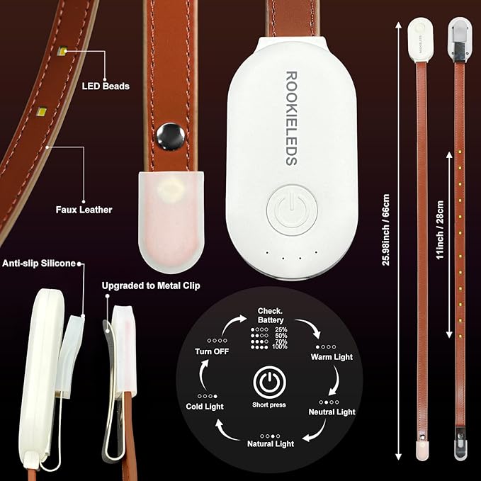 ROOKIELEDS Faux Leather Strip Clip-On Book Light, Rechargeable Reading Light, Full Book Cover, CRI 90+, 4 Colors & Stepless Dimming, Battery Indicator, Portable for Bed Travel Book Lovers